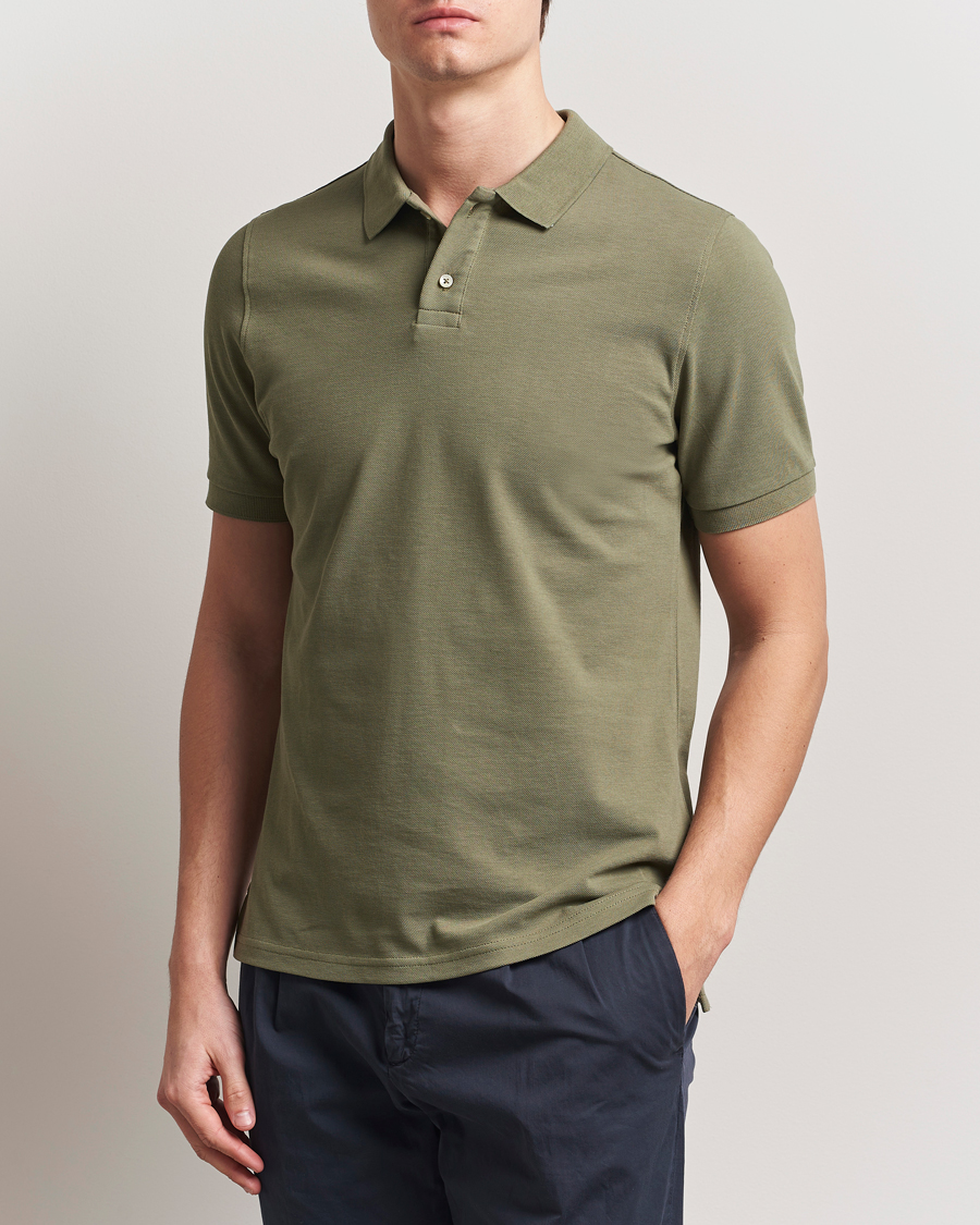 Homme | Polos | Stenströms | Organic Cotton Piquet Polo Shirt Olive