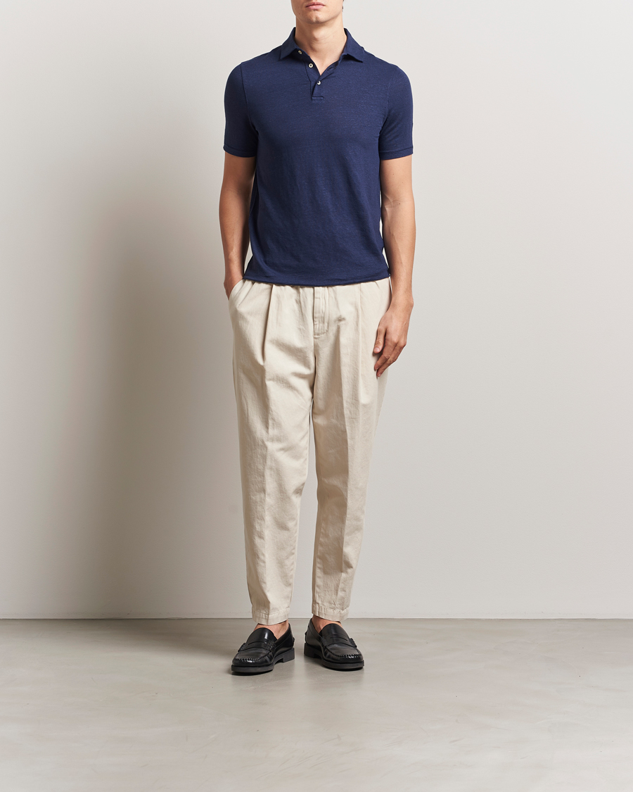 Homme | Polos | Stenströms | Linen Polo Shirt Navy