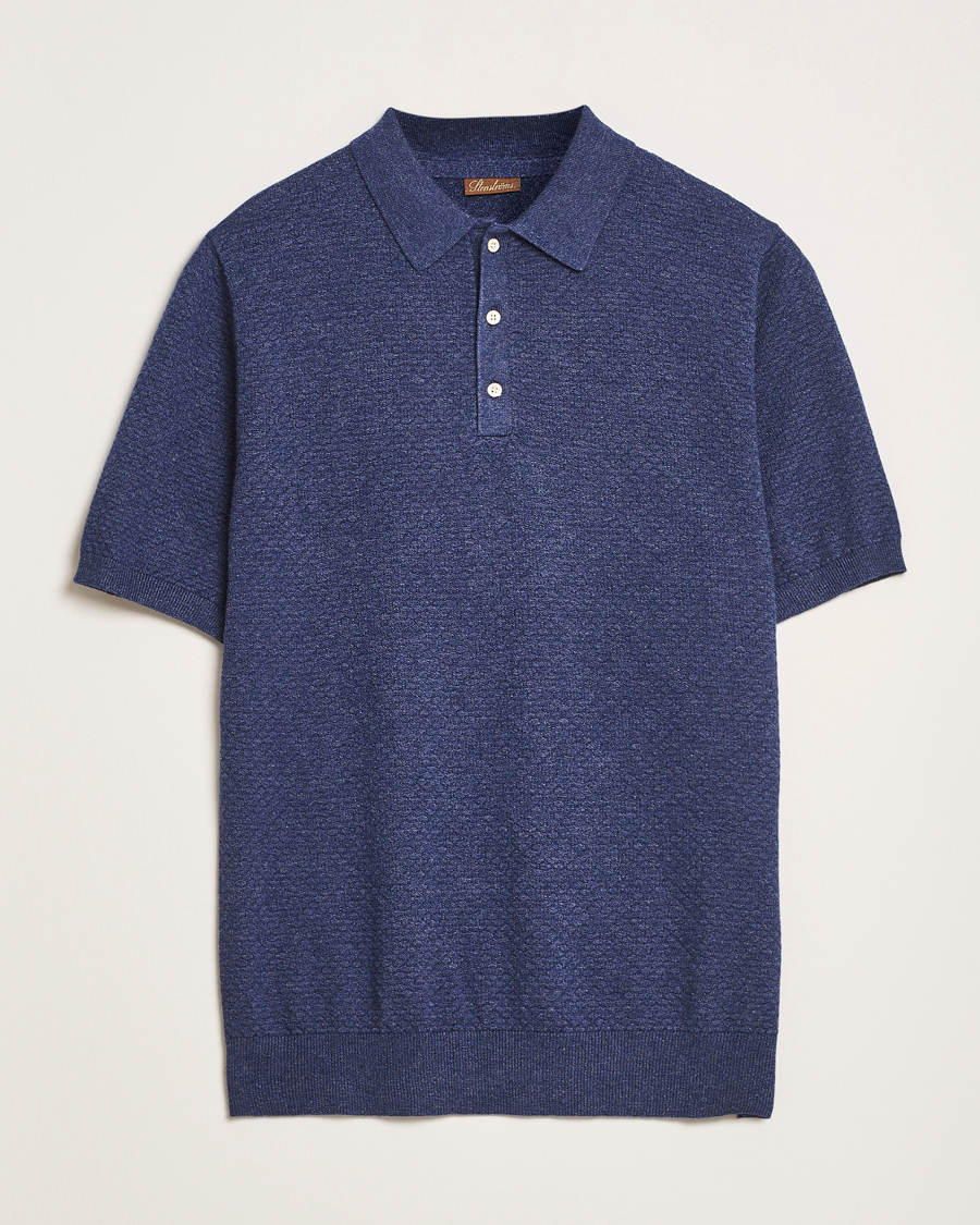 Homme | Polos | Stenströms | Knitted Textured Cotton/Hemp Polo Navy
