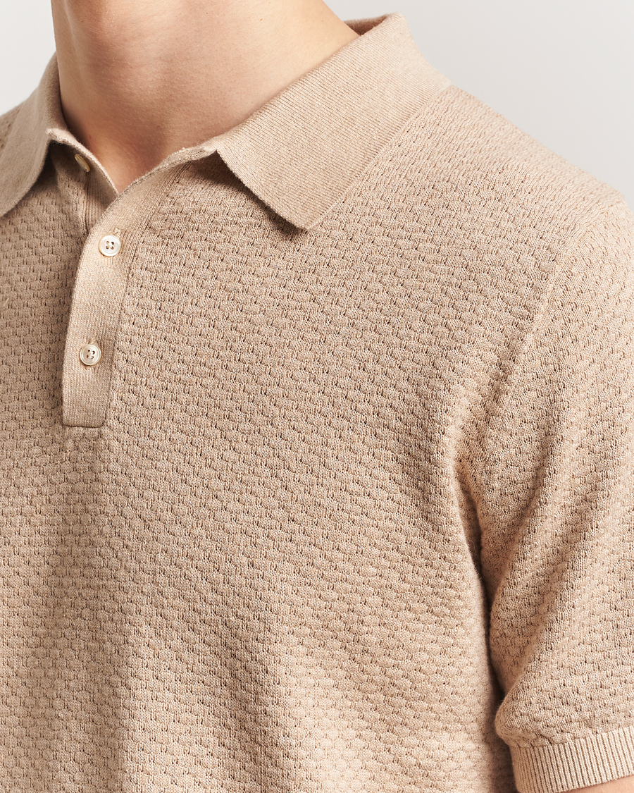 Homme | Polos | Stenströms | Knitted Textured Cotton/Hemp Polo Beige