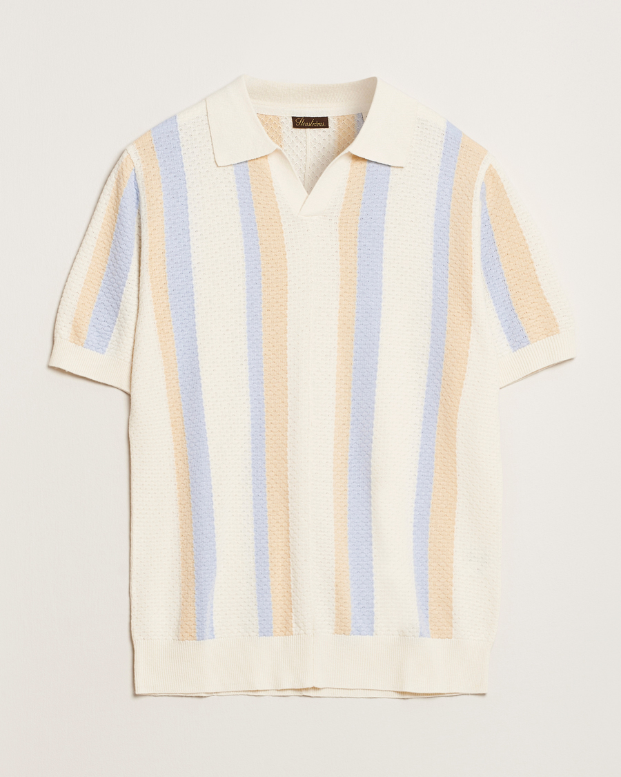 Homme | Polos | Stenströms | Knitted Textured Striped Cotton/Hemp Polo Off White