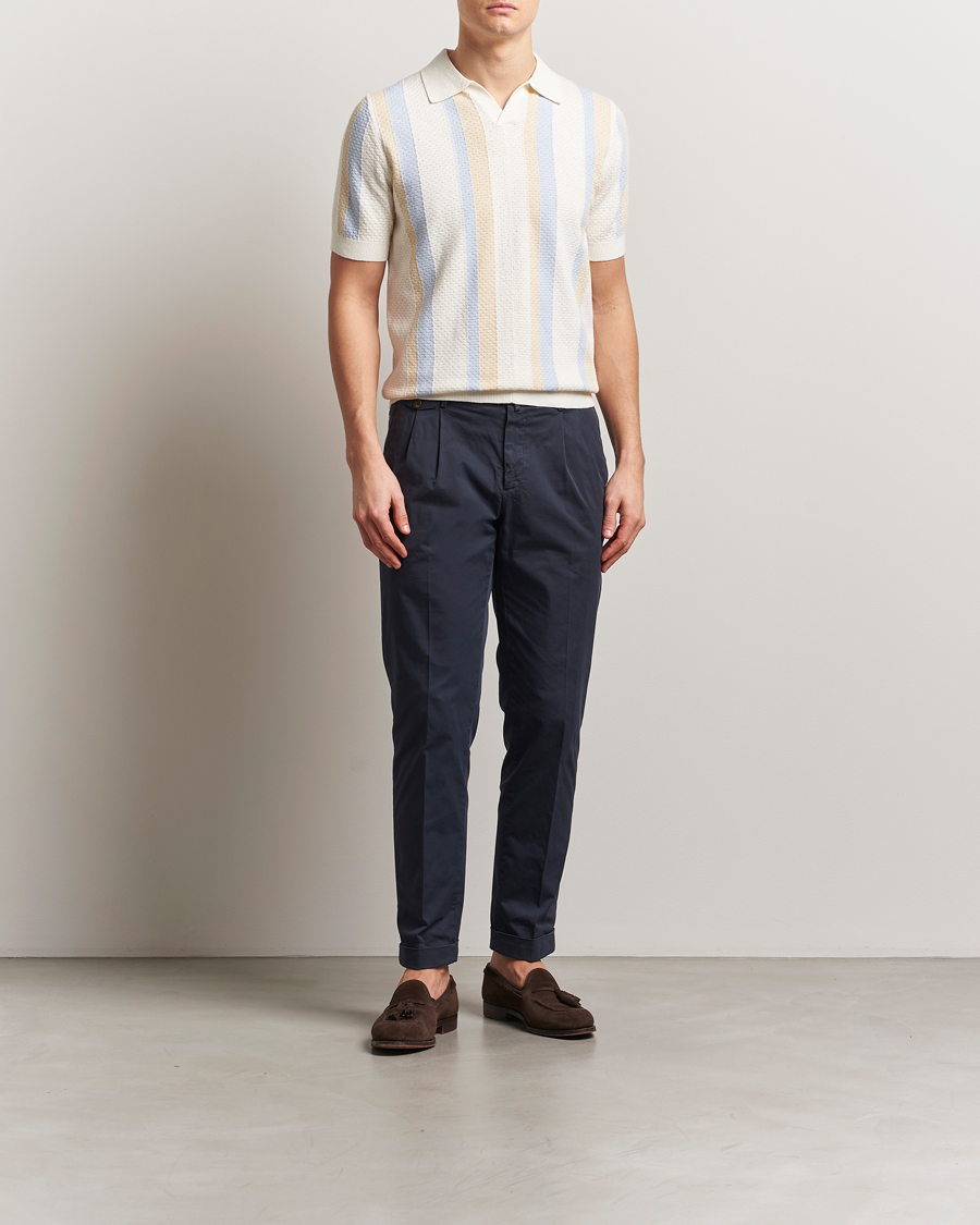 Homme | Polos | Stenströms | Knitted Textured Striped Cotton/Hemp Polo Off White