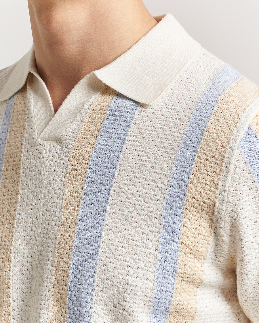 Homme | Polos | Stenströms | Knitted Textured Striped Cotton/Hemp Polo Off White
