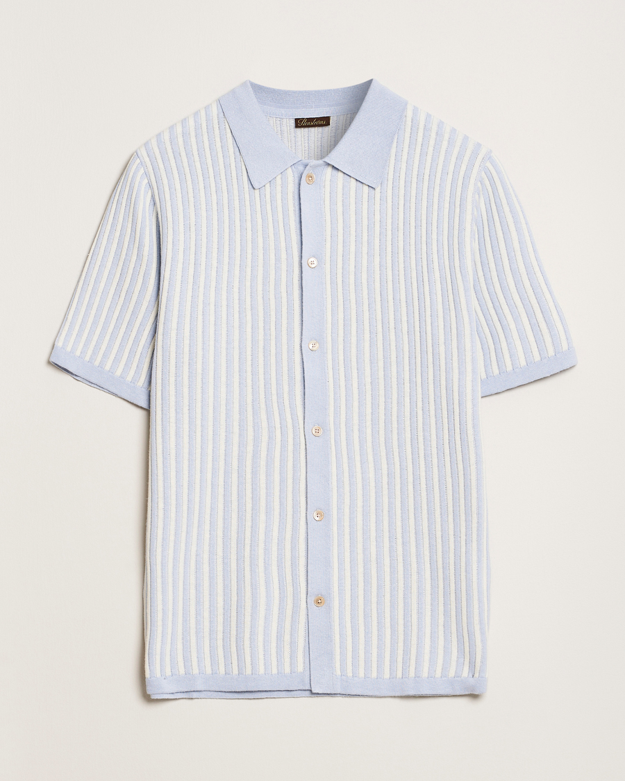 Homme | Chemises | Stenströms | Knitted Buttonthru Polo Shirt White/Blue