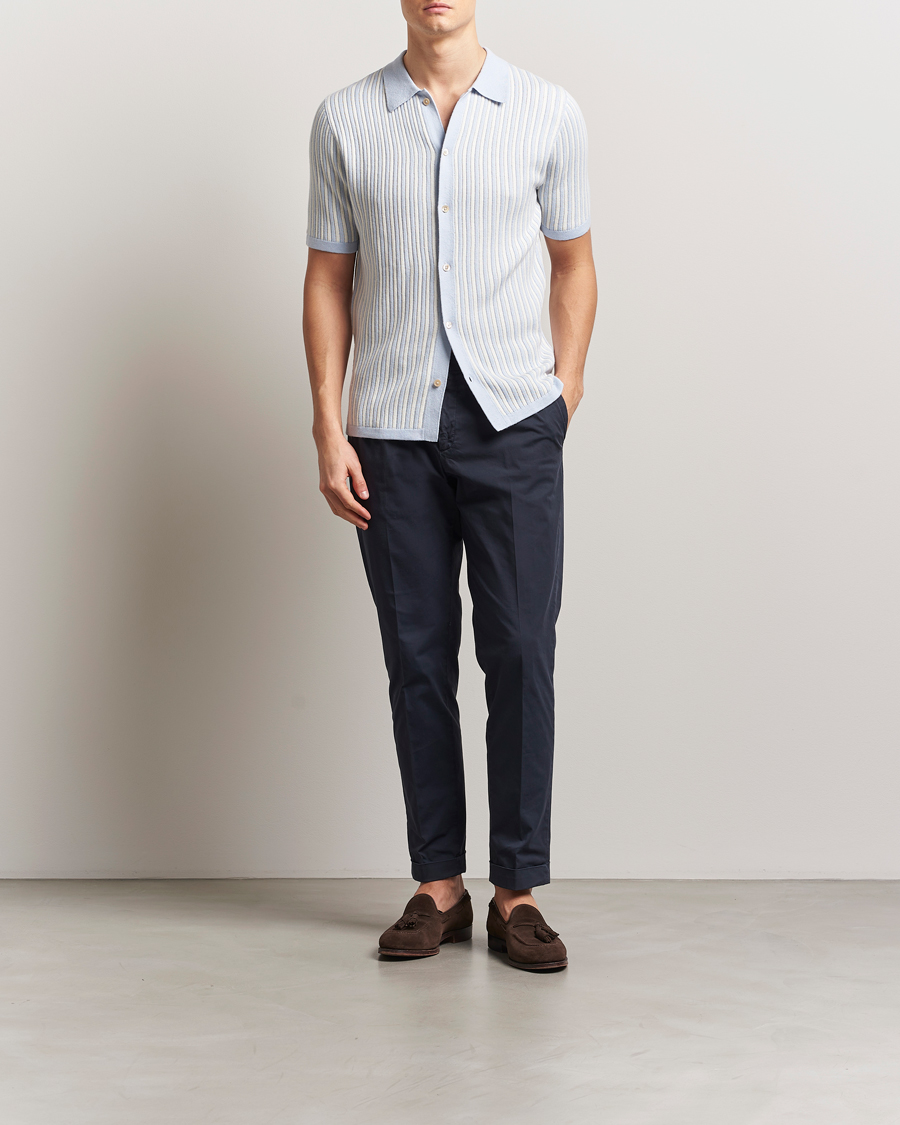 Homme | Chemises | Stenströms | Knitted Buttonthru Polo Shirt White/Blue