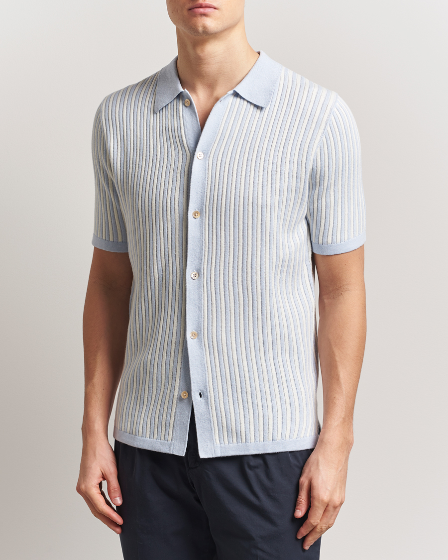 Homme | Chemises | Stenströms | Knitted Buttonthru Polo Shirt White/Blue