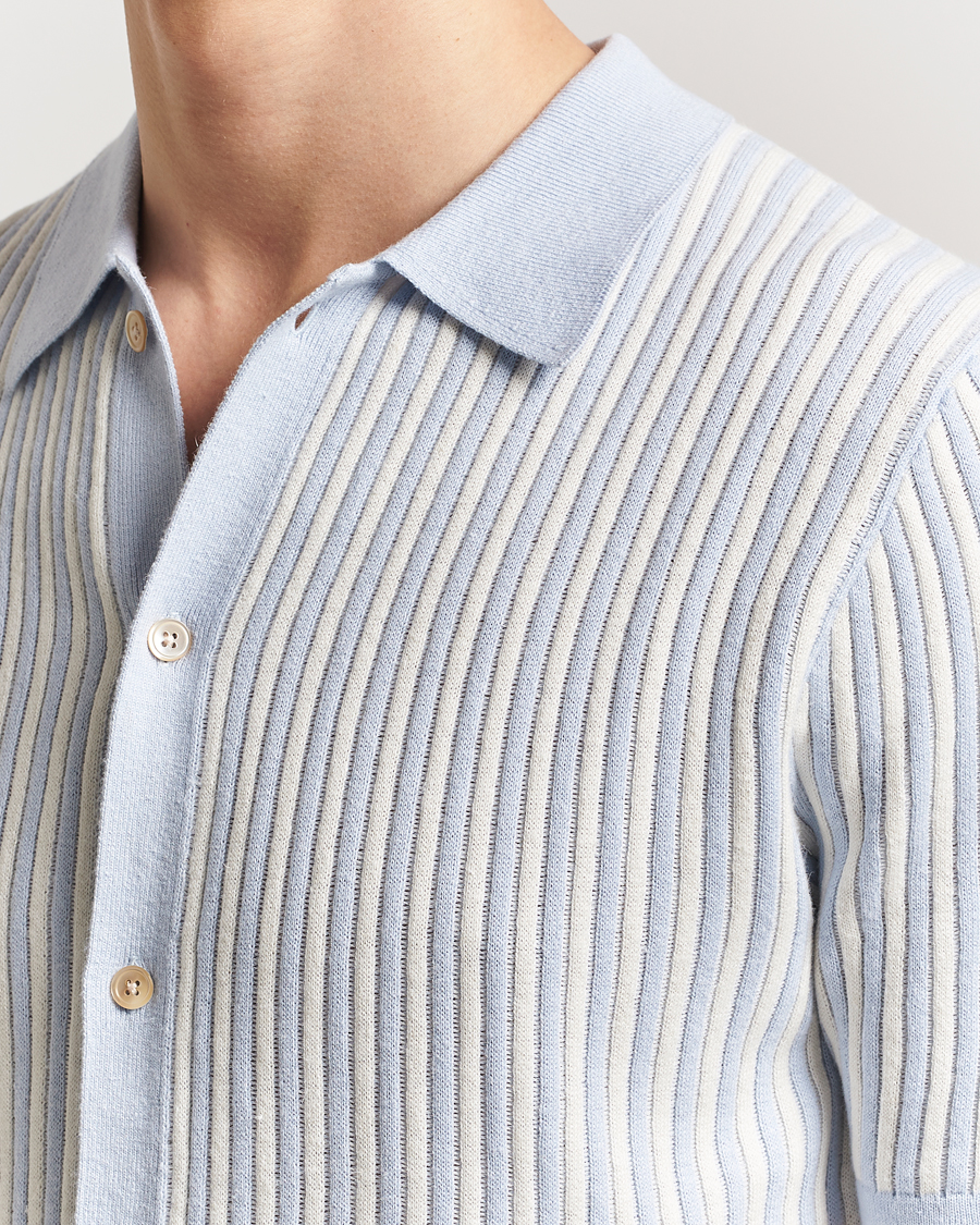 Homme | Chemises | Stenströms | Knitted Buttonthru Polo Shirt White/Blue