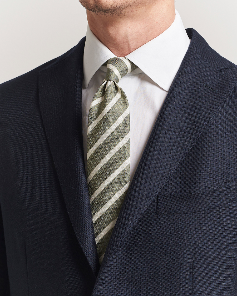 Homme | Stenströms Silk/Linen Striped Tie Green | Stenströms | Silk/Linen Striped Tie Green