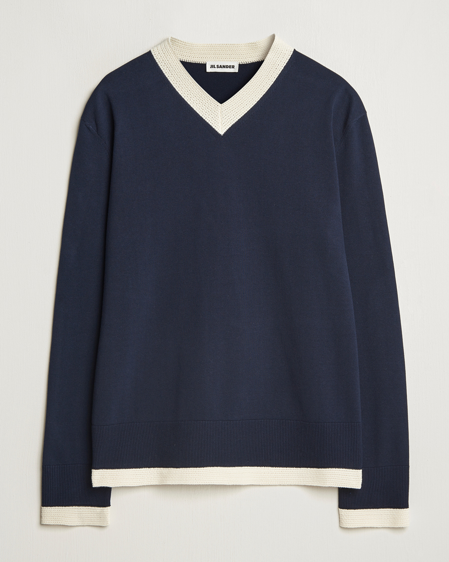 Homme | Pulls Et Tricots | Jil Sander | Contrast Trim V-Neck Sweater Navy