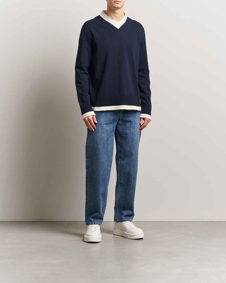 Homme | Pulls Et Tricots | Jil Sander | Contrast Trim V-Neck Sweater Navy