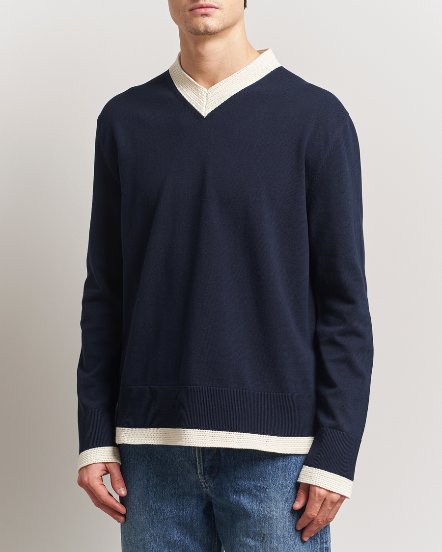 Homme | Pulls Et Tricots | Jil Sander | Contrast Trim V-Neck Sweater Navy