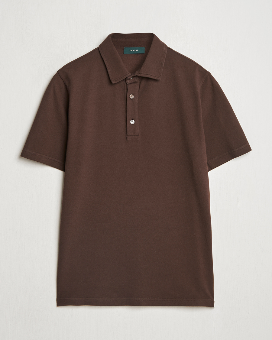 Homme | Polos | Zanone | Soft Cotton Piquet Polo Dark Brown