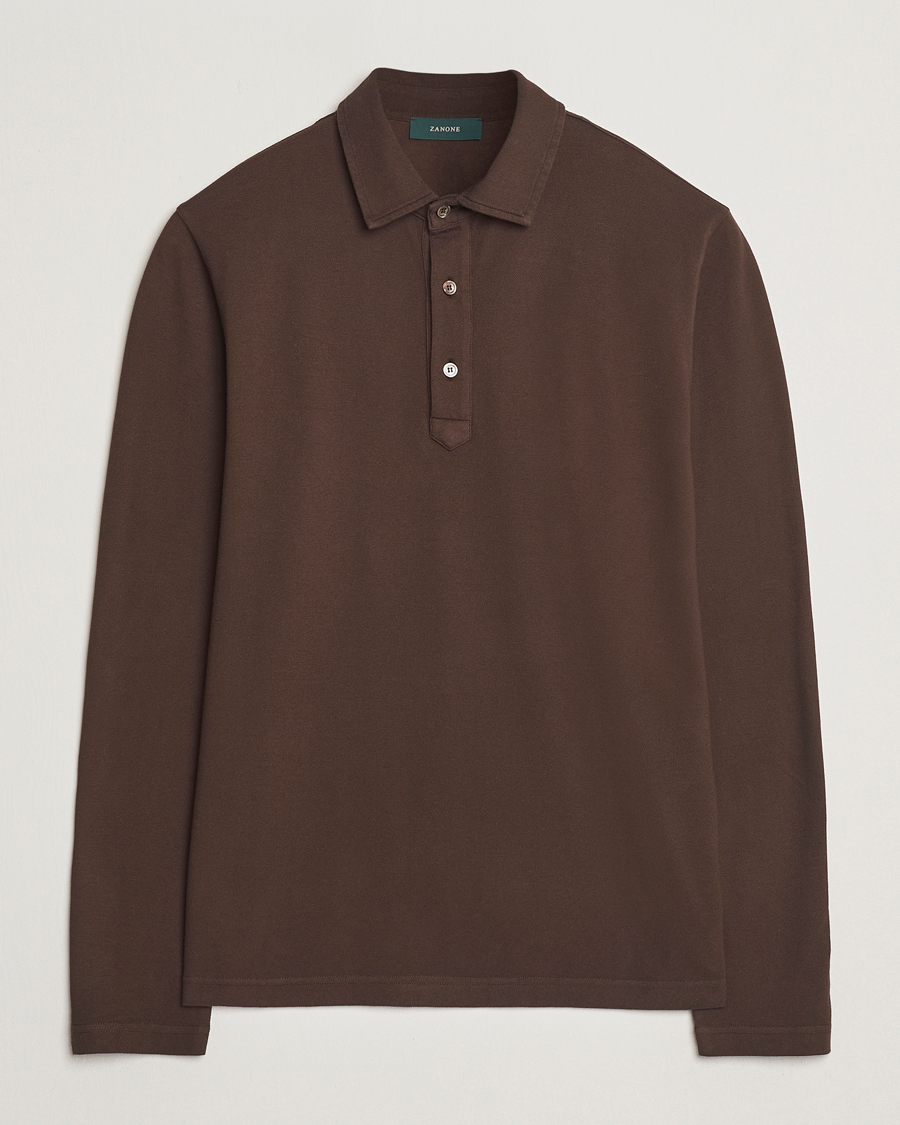 Homme | Pulls Et Tricots | Zanone | Soft Cotton Piquet Long Sleeve Polo Dark Brown