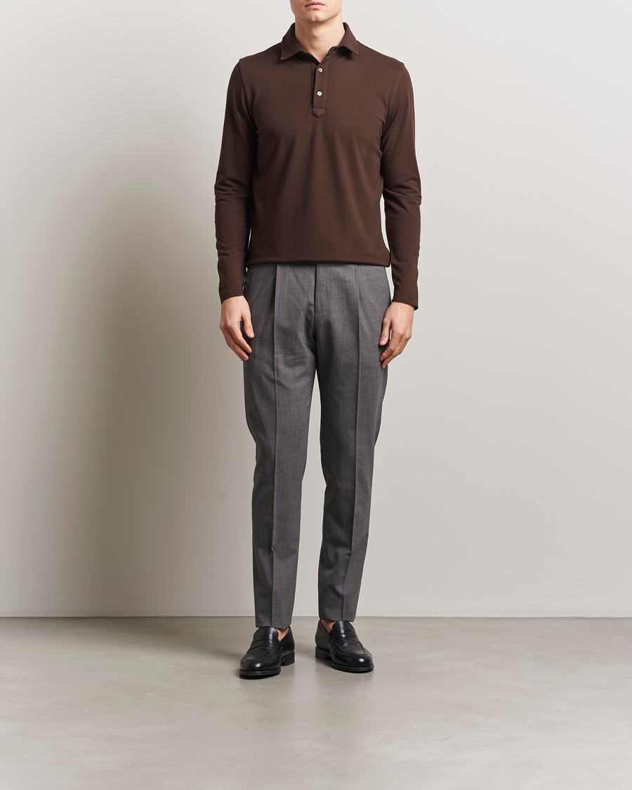 Homme | Pulls Et Tricots | Zanone | Soft Cotton Piquet Long Sleeve Polo Dark Brown