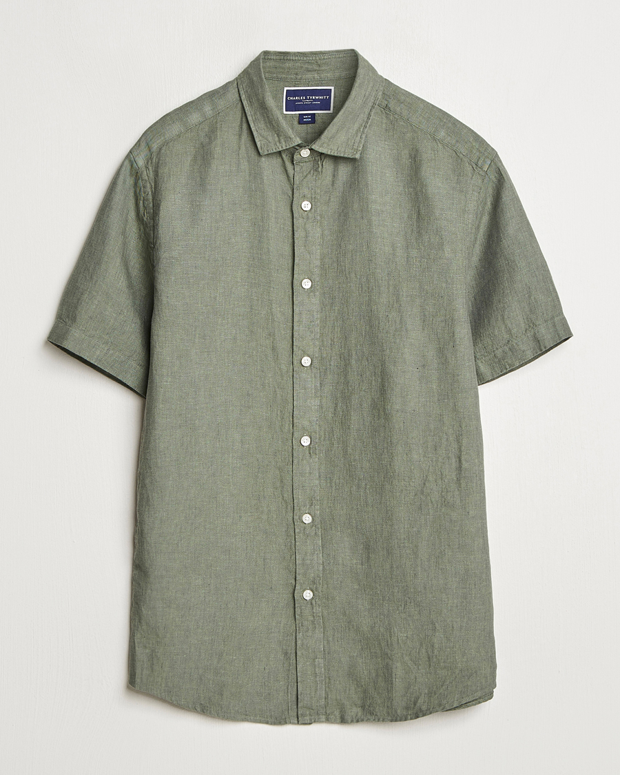 Homme | Chemises | Charles Tyrwhitt | Pure Linen Short Sleeve Slim Fit Shirt Olive