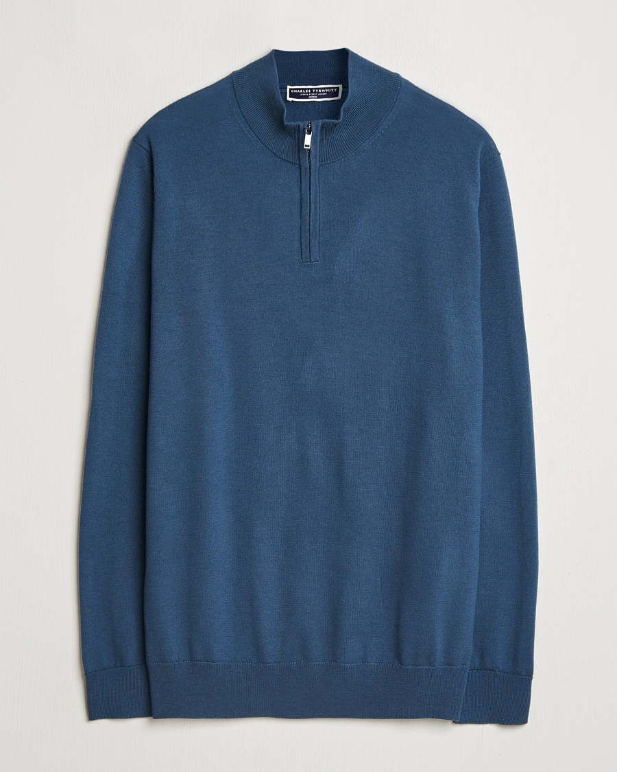 Homme | Pulls Et Tricots | Charles Tyrwhitt | Pure Merino Zip Neck Jumper Petrol Blue