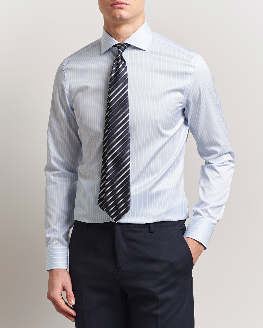 Homme | Chemises | Canali | Slim Fit Striped Cotton Shirt Light Blue