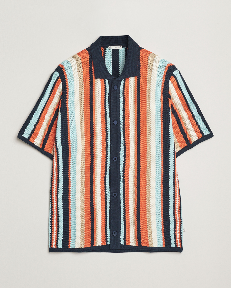 Homme | Chemises | KnowledgeCotton Apparel | Knitted Multi Stripe Short Sleeve Shirt Blue