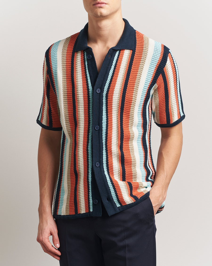 Homme | Chemises | KnowledgeCotton Apparel | Knitted Multi Stripe Short Sleeve Shirt Blue