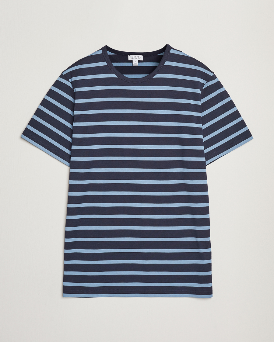 Homme | T-shirts | Sunspel | Striped Crew Neck Q82 Cotton T-Shirt Navy/Como Blue