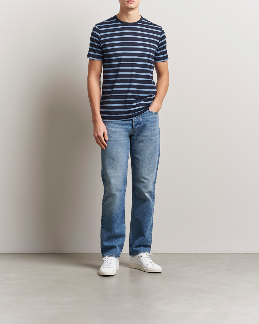 Homme | T-shirts | Sunspel | Striped Crew Neck Q82 Cotton T-Shirt Navy/Como Blue