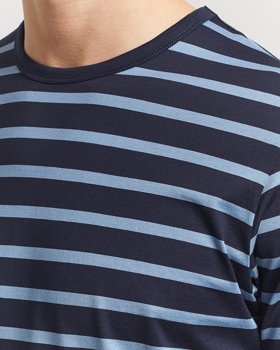 Homme | T-shirts | Sunspel | Striped Crew Neck Q82 Cotton T-Shirt Navy/Como Blue