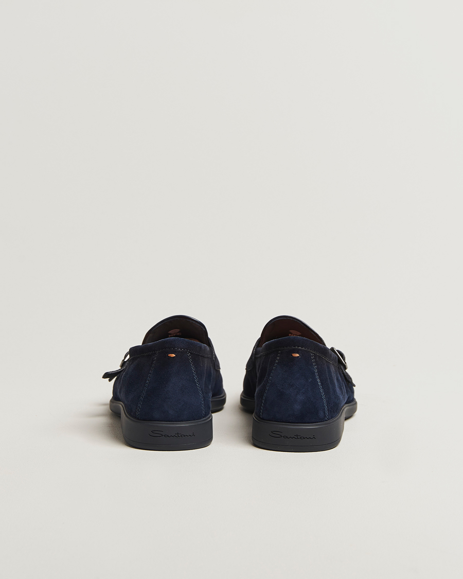 Homme | Santoni Malibu Double Buckle Loafers Navy Suede | Santoni | Malibu Double Buckle Loafers Navy Suede