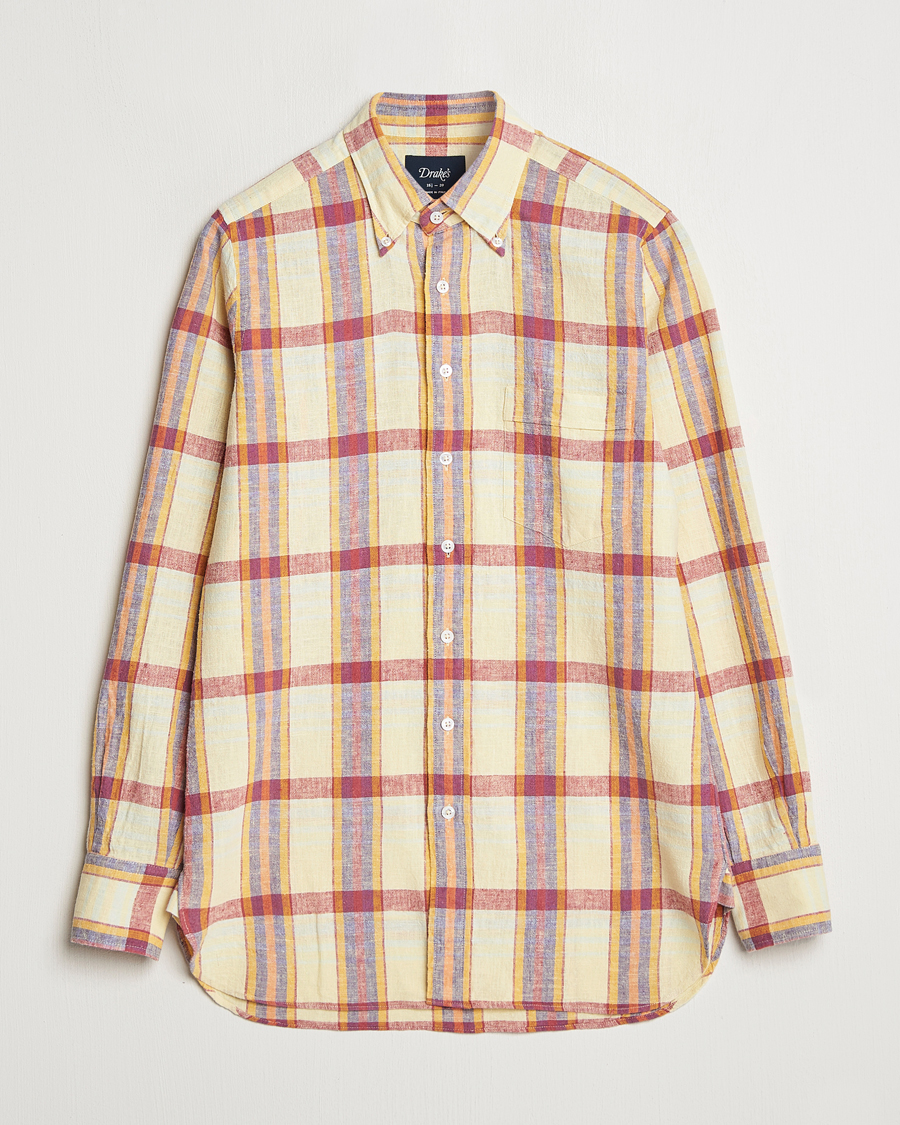 Homme | Chemises | Drake's | Madras Cotton/Linen Button Down Shirt Yellow/Red/Navy