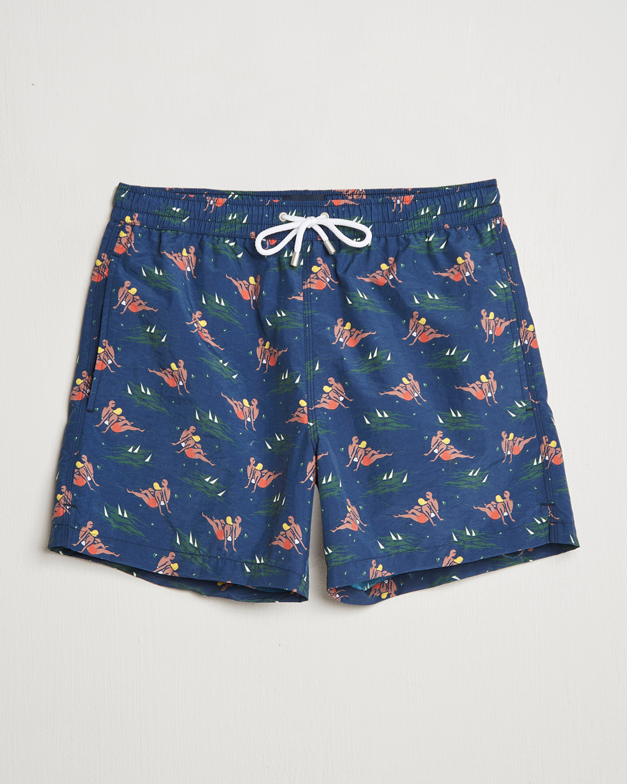 Homme | Maillots De Bain | Drake's | Bathers Print Drawstring Swimshorts Navy