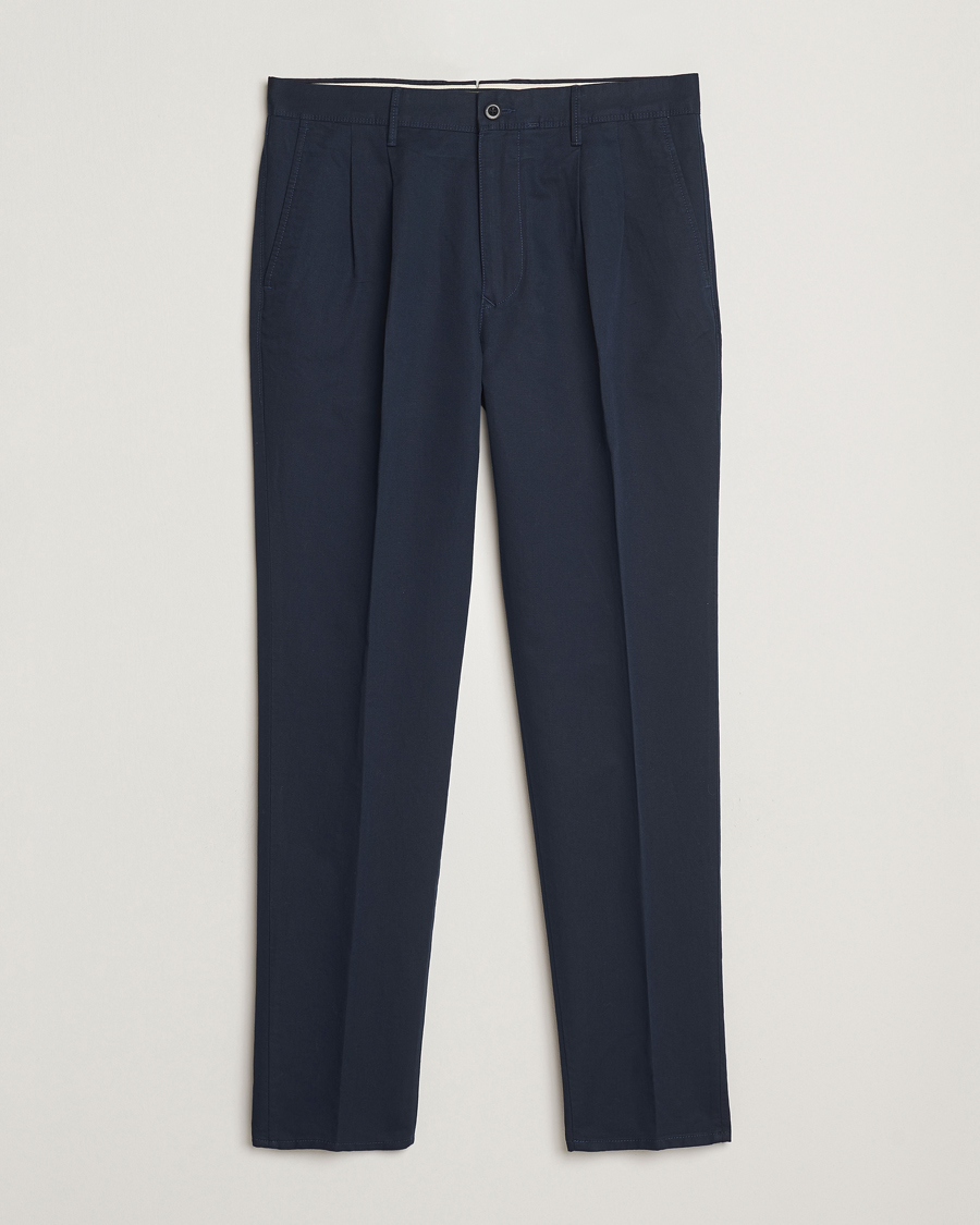 Homme | Pantalons | Incotex | Tapered Fit Pleated Linen Slacks Navy