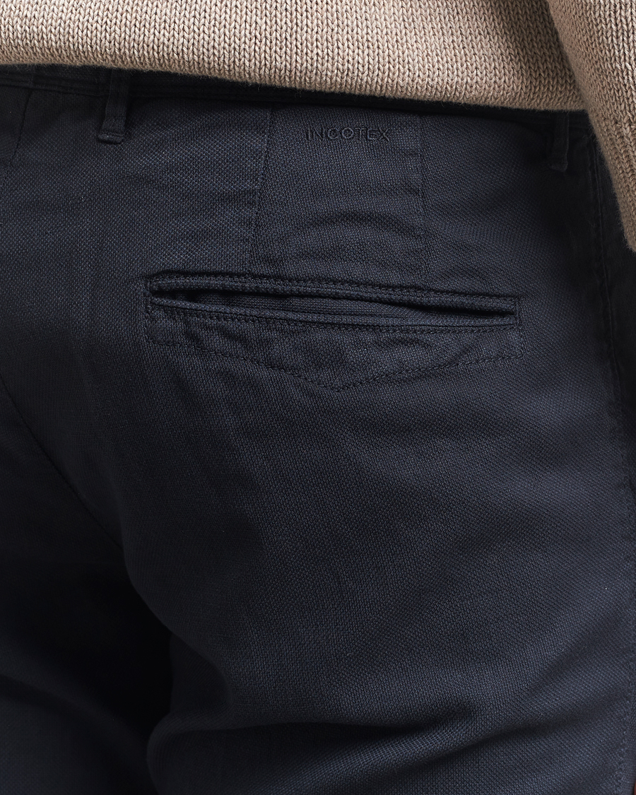 Homme | Pantalons | Incotex | Slim Fit Basket Weave Cotton Slacks Navy