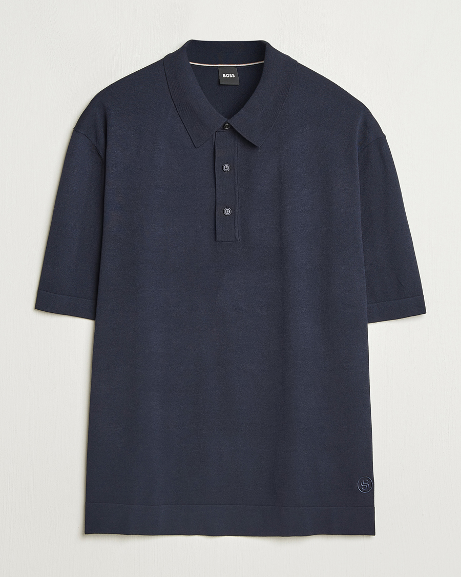 Homme | Polos | BOSS BLACK | Jervasoni Cotton/Silk Knitted Polo Dark Blue