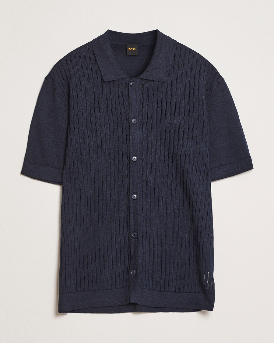 Homme | Chemises | BOSS ORANGE | Kamicino Knitted Short Sleeve Shirt Dark Blue