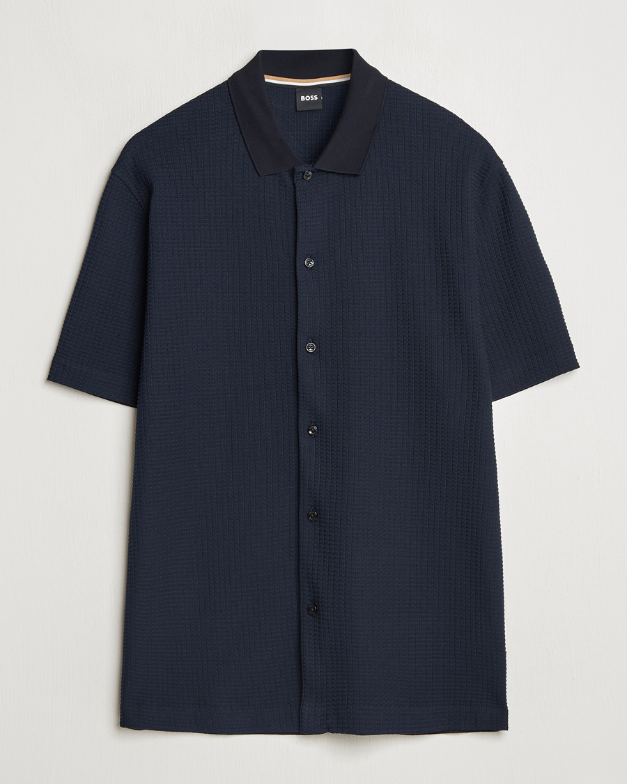 Homme | Chemises | BOSS BLACK | Palladio Knitted Short Sleeve Shirt Dark Blue