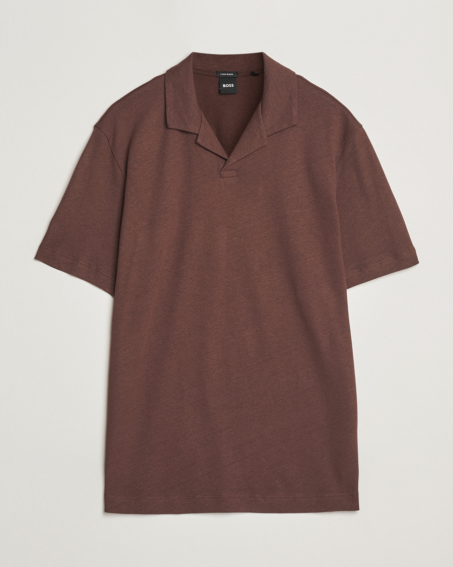 Homme | Polos | BOSS BLACK | Ponti Cotton/Linen Open Collar Polo Dark Brown