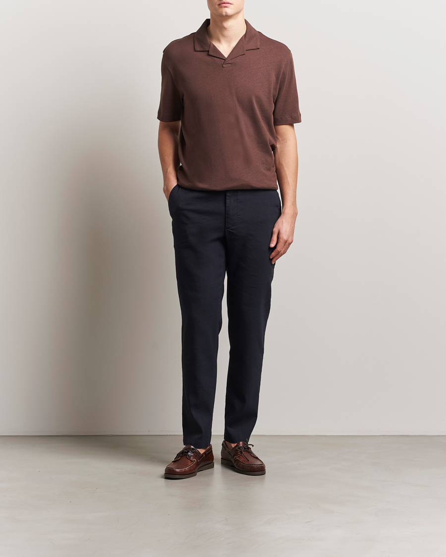 Homme | Polos | BOSS BLACK | Ponti Cotton/Linen Open Collar Polo Dark Brown