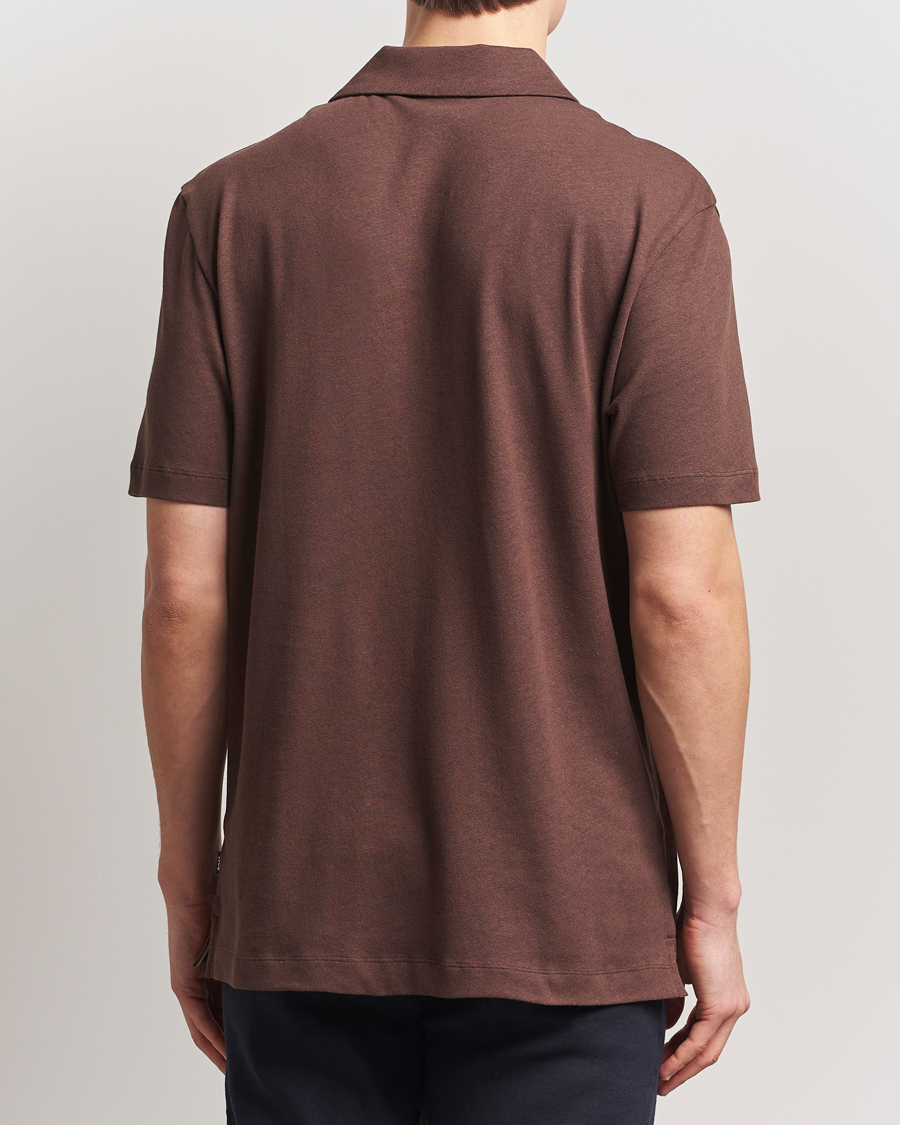 Homme | Polos | BOSS BLACK | Ponti Cotton/Linen Open Collar Polo Dark Brown