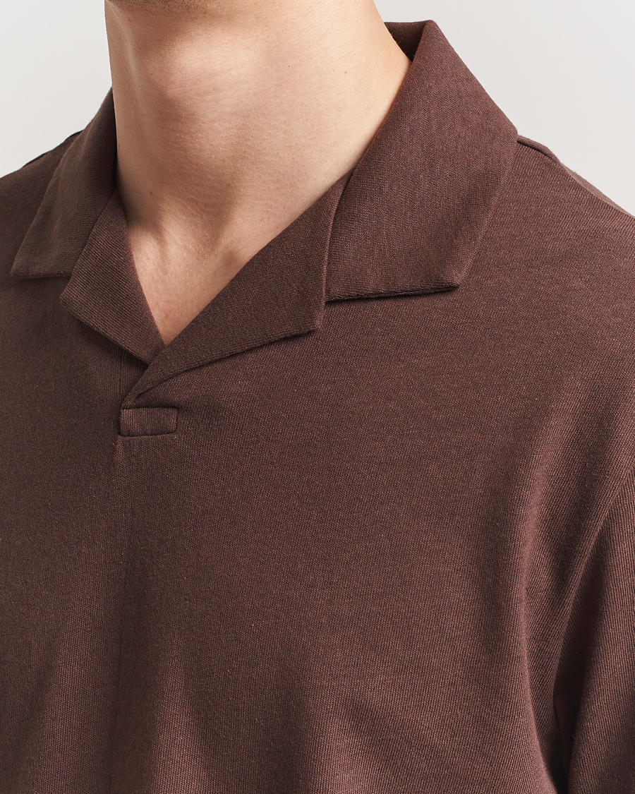 Homme | Polos | BOSS BLACK | Ponti Cotton/Linen Open Collar Polo Dark Brown