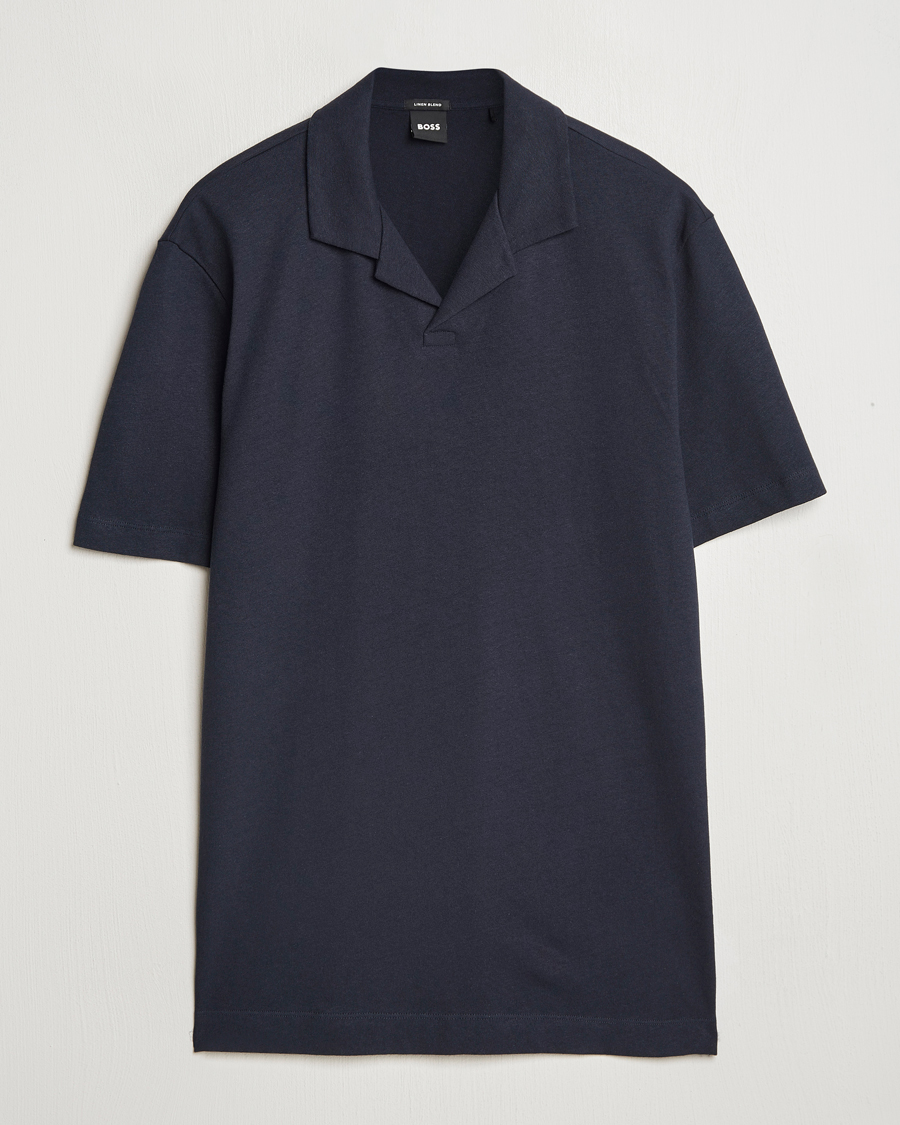 Homme | Polos | BOSS BLACK | Ponti Cotton/Linen Open Collar Polo Dark Blue