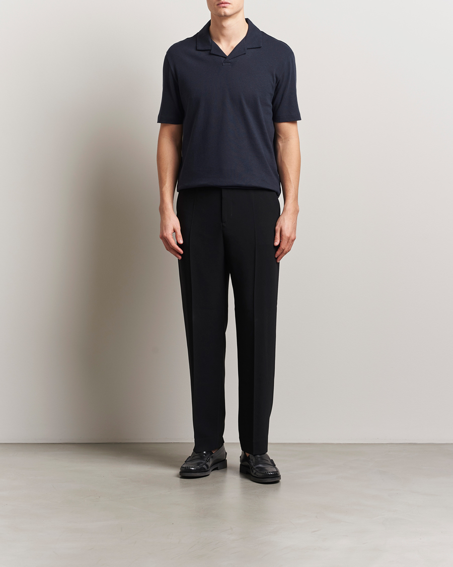 Homme | Polos | BOSS BLACK | Ponti Cotton/Linen Open Collar Polo Dark Blue