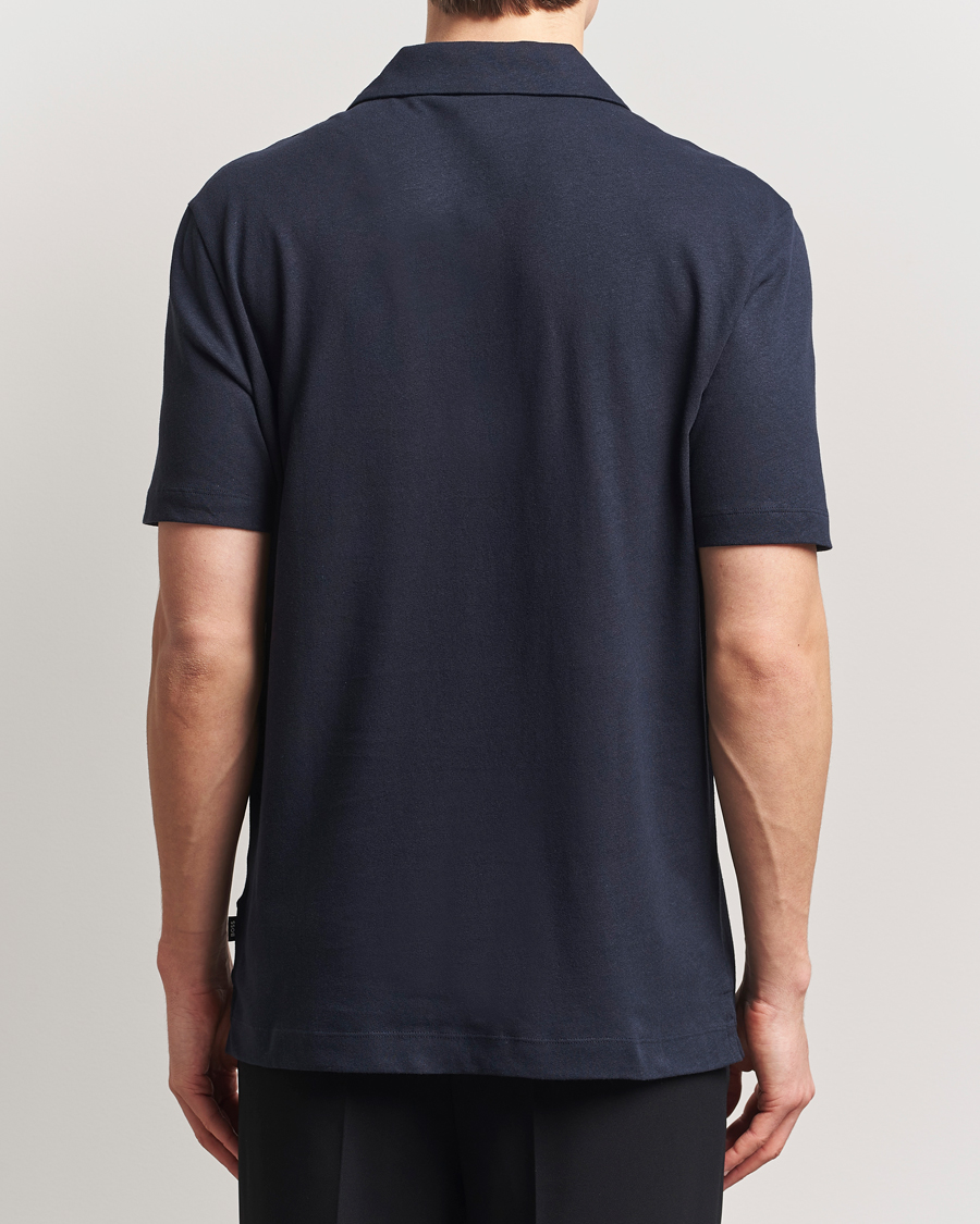 Homme | Polos | BOSS BLACK | Ponti Cotton/Linen Open Collar Polo Dark Blue