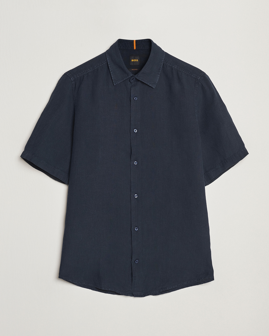 Homme | Chemises | BOSS ORANGE | Rash Linen Short Sleeve Shirt Dark Blue