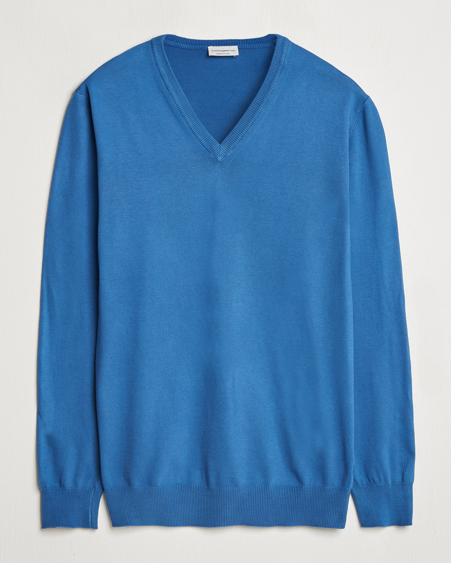 Homme | Pulls Et Tricots | Morgano | Supersoft Egyptian Cotton V-Neck Mid Blue