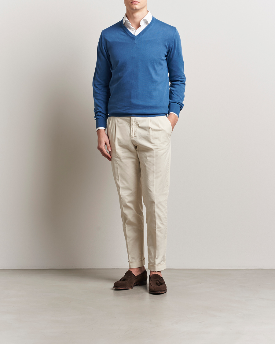 Homme | Pulls Et Tricots | Morgano | Supersoft Egyptian Cotton V-Neck Mid Blue