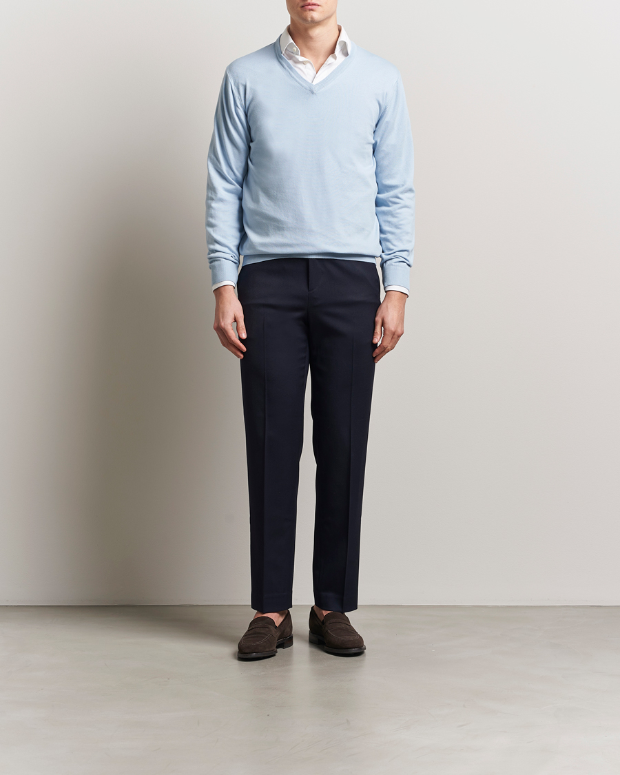 Homme | Pulls Et Tricots | Morgano | Supersoft Egyptian Cotton V-Neck Light Blue