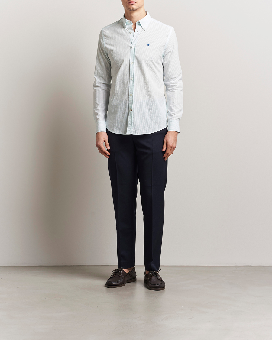 Homme | Chemises | Morris | Slim Fit Striped Seersucker Shirt Turquoise