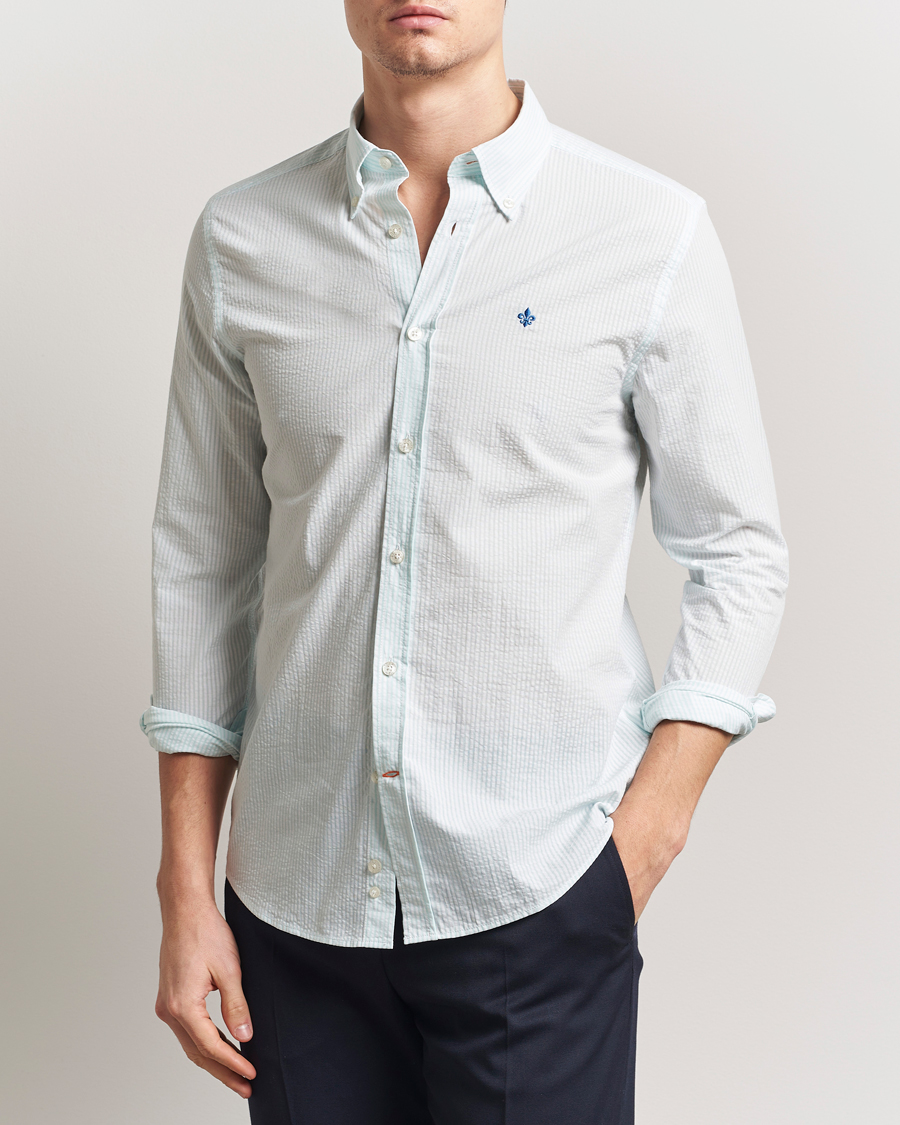 Homme | Chemises | Morris | Slim Fit Striped Seersucker Shirt Turquoise