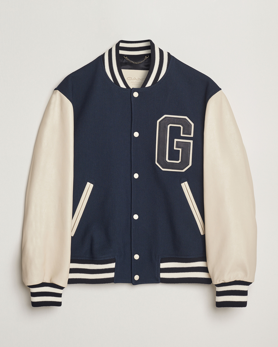 Homme | Manteaux Et Vestes | GANT 240 Mulberry Street | Leather Mix Varsity Jacket Navy