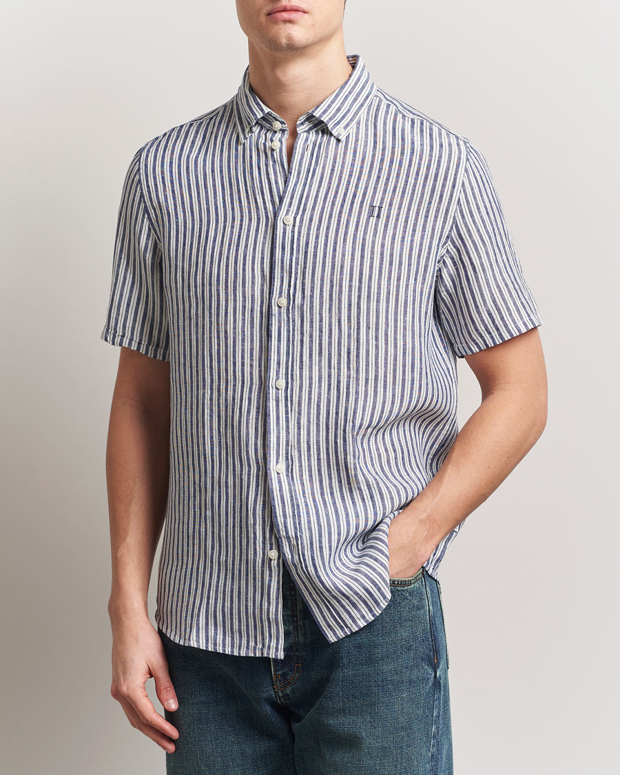 Homme | Chemises | LES DEUX | Kris Linen Short Sleeve Shirt Ivory/Blueprint