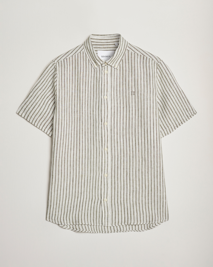 Homme | Chemises | LES DEUX | Kris Linen Short Sleeve Shirt Ivory/Green